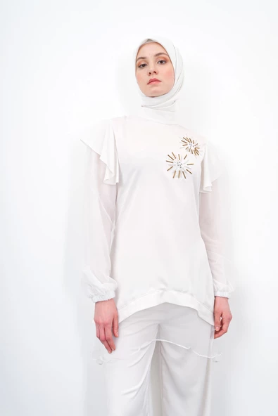 Taş İşlemeli İpek Tencel Takım - Ekru - 5