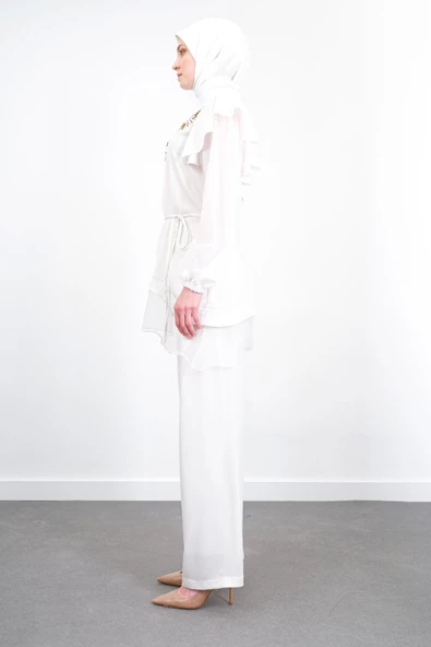 Taş İşlemeli İpek Tencel Takım - Ekru - 2