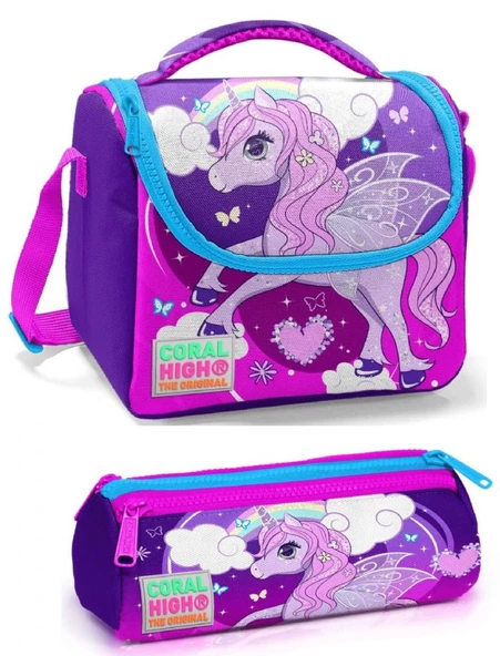 Coral High Kız Çocuk Mor Unicorn Beslenme Çantası Seti ürün görseli