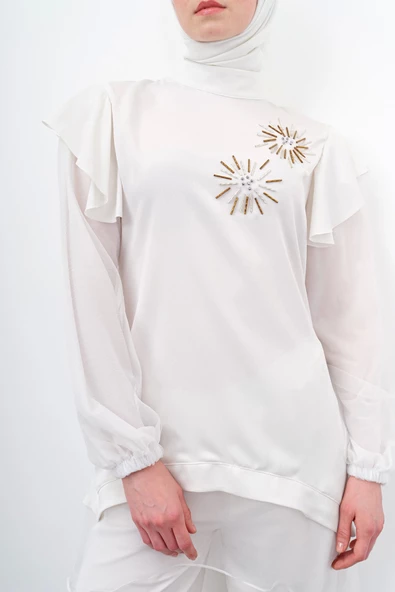 Taş İşlemeli İpek Tencel Takım - Ekru - 8