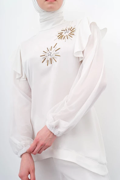 Taş İşlemeli İpek Tencel Takım - Ekru - 7