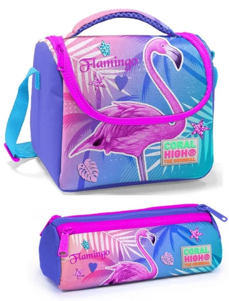 Coral High Kız Çocuk Mavi Pembe Flamingo Beslenme Çantası Seti