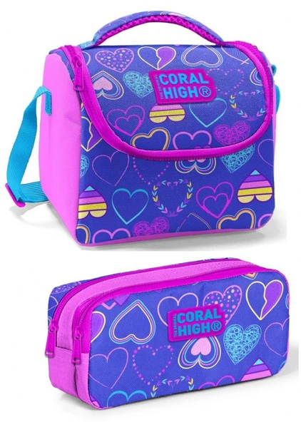 Coral High Mor Pembe Mor Kalp Kız Çocuk Beslenme Çantası Seti