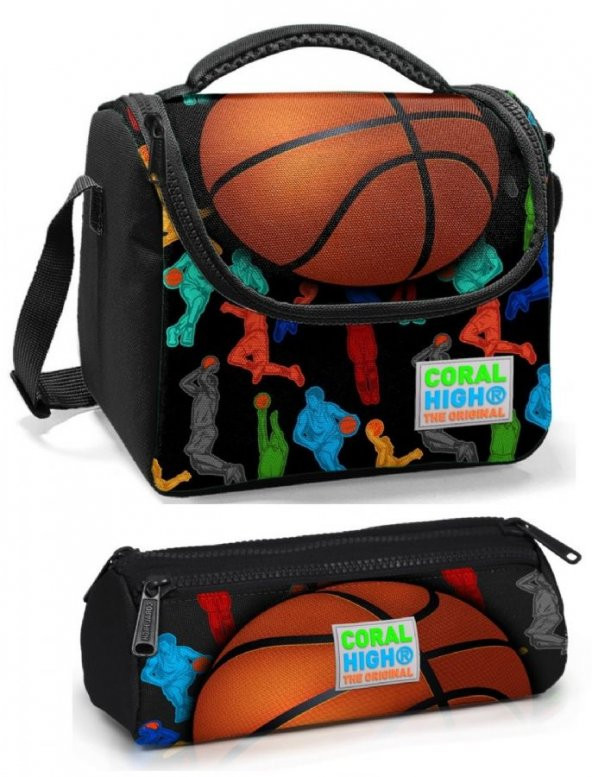 Coral High Erkek Çocuk Siyah Turuncu Basketbol Beslenme Çantası Seti