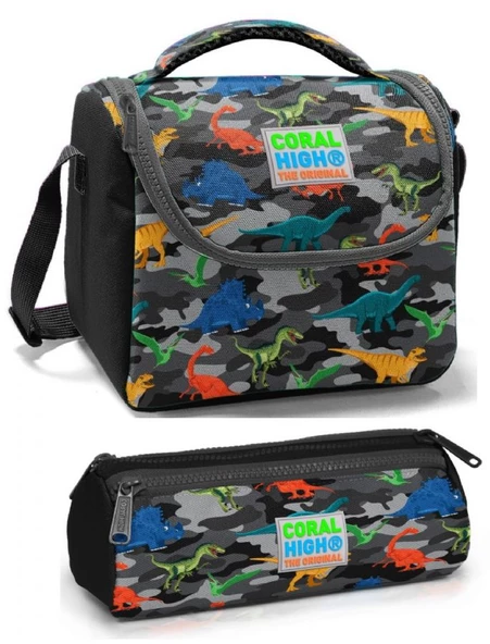 Coral High Erkek Çocuk Siyah Gri Dinazorlar Beslenme Çantası Seti ürün görseli