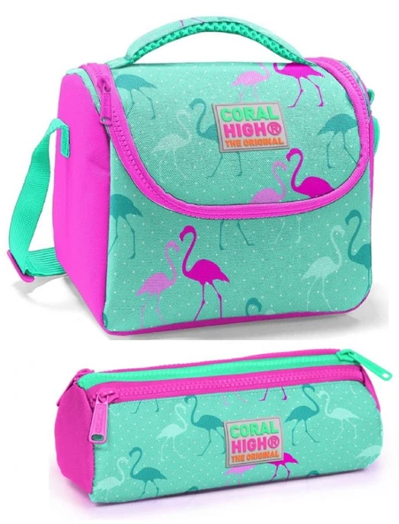 Coral High Kız Çocuk Su Yeşili Pembe Flamingo Beslenme Çantası Seti ürün görseli