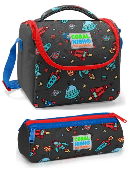 Coral High Erkek Çocuk Siyah Kırmızı Roket Beslenme Çantası Seti ürün görseli