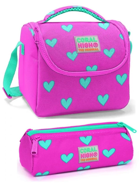Coral High Kız Çocuk Pembe Kalp Beslenme Çantası Seti