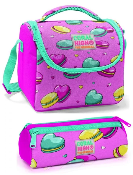 Coral High Kız Çocuk Pembe Makaron Beslenme Çantası Seti