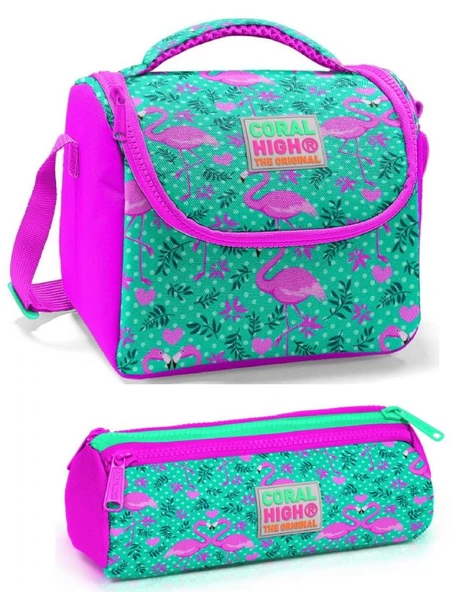 Coral High Kız Çocuk Pembe Yeşil Flamingo Beslenme Çantası Seti