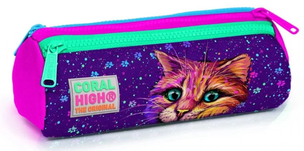 Coral High Mor Kedi Üç Bölmeli Kalem Çantası - Kız Çocuk