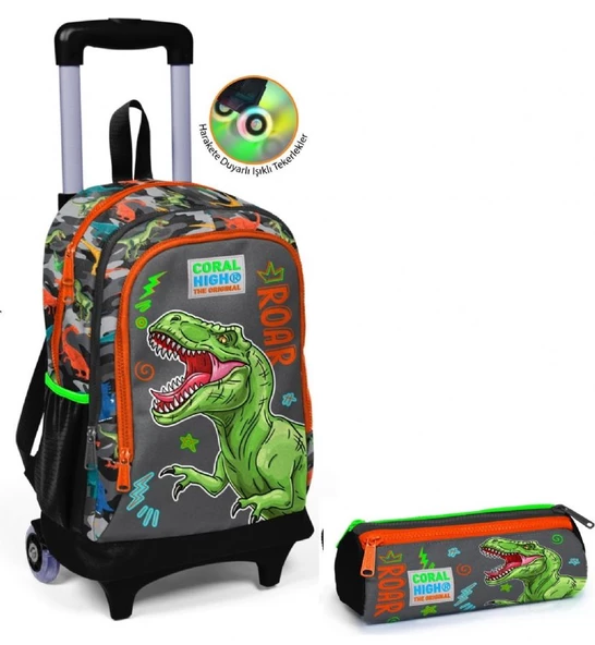 Coral High Erkek Çocuk Gri Dinazor Tekerlekli Okul Çantası ve Kalemlik Seti ürün görseli