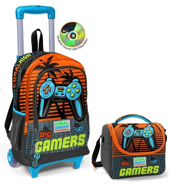 Coral High Turuncu Gamers Çekçek Okul Çantası ve Beslenme Seti - Işıklı Tekerlekler - Erkek Çocuk