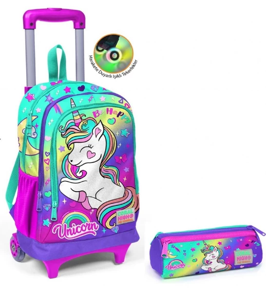 Coral High Kız Çocuk Yeşil Unicorn Tekerlekli Okul Çantası ve Kalemlik Seti