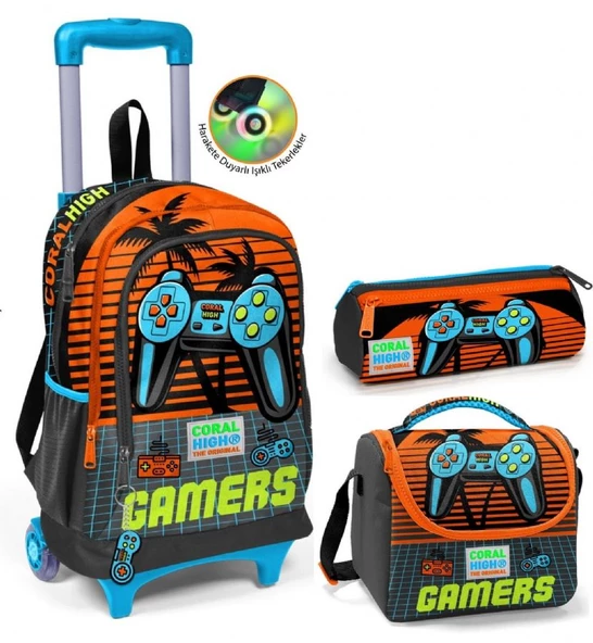 Coral High Turuncu Gamers Çekçek Okul Çantası Seti - Işıklı Tekerlekler - Erkek Çocuk