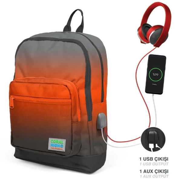 Coral High Siyah Turuncu Gradyan İlkokul ve Günlük Sırt Çantası - Erkek Çocuk - USB Soketli - Resim 2