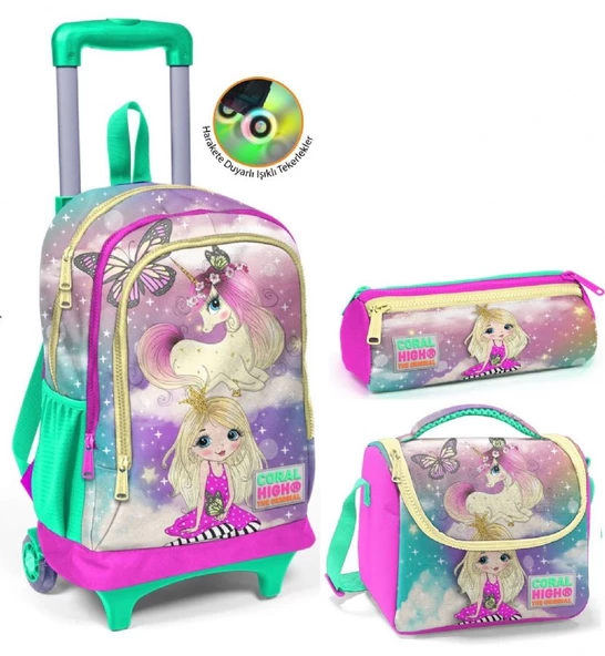 Coral High Su Yeşili Unicorn Çekçek Okul Çantası Seti - Işıklı Tekerlekler - Kız Çocuk ürün görseli