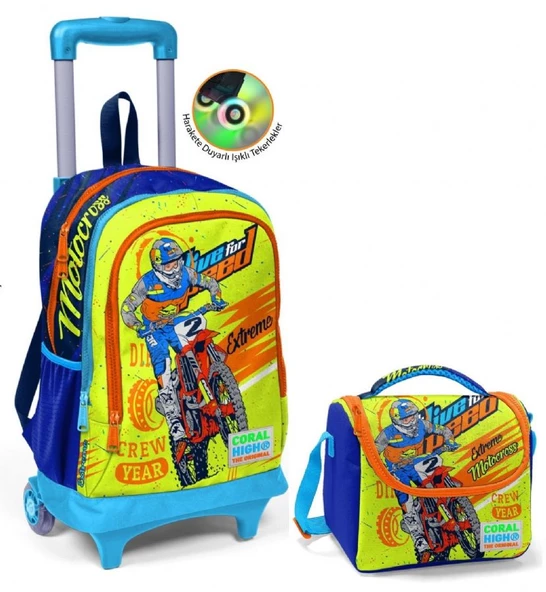 Coral High Sarı Mavi Motorsiklet Çekçek Okul Çantası ve Beslenme Seti - Işıklı Tekerlekler - Erkek Çocuk ürün görseli
