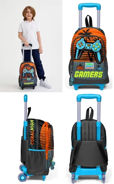 Coral High Turuncu Gamers Çekçek Okul Çantası Seti - Işıklı Tekerlekler - Erkek Çocuk - 2