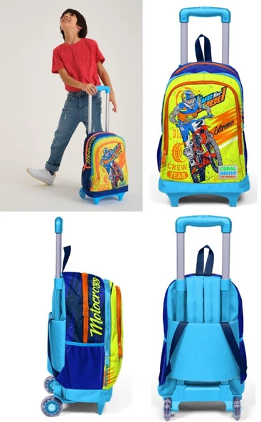 Coral High Sarı Mavi Motorsiklet Çekçek Okul Çantası ve Beslenme Seti - Işıklı Tekerlekler - Erkek Çocuk - Resim 3