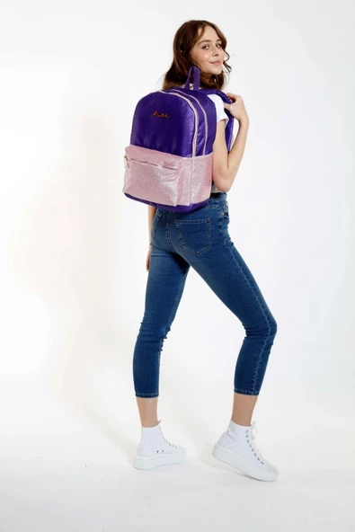 Kaukko Amazing Üç Gözlü Kız Çocuk Simli Mor Okul Sırt Çantası - Ortaokul, Lise - Resim 3