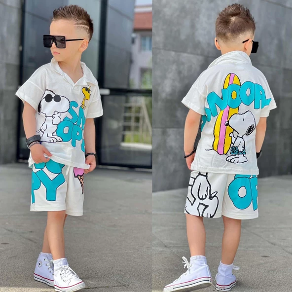 ERKEK ÇOCUK GÖMLEK YAKA SNOOPY MODELLİ PAMUK ŞORTLU TAKIM - 4