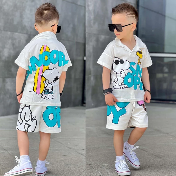 ERKEK ÇOCUK GÖMLEK YAKA SNOOPY MODELLİ PAMUK ŞORTLU TAKIM - 3