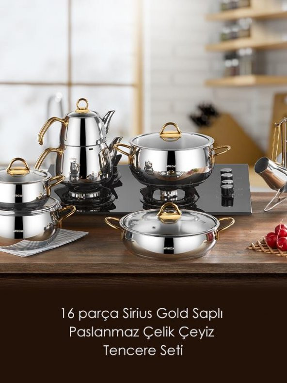 Sirius Gold Saplı İndüksiyon Tabanlı Paslanmaz Çelik 16 Parça Çeyiz Tencere Seti