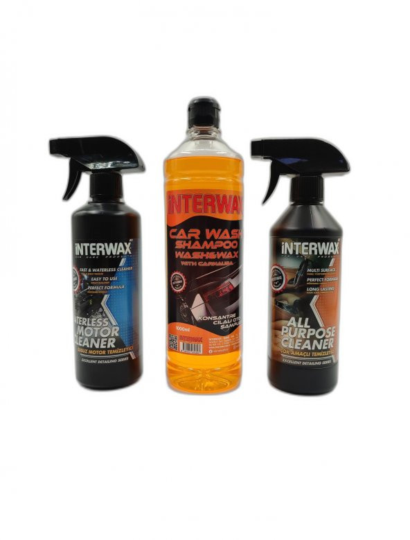 İNTERWAX 3lü SET SUSUZ MOTOR TEMİZLEYİCİ 500 ML + ÇOK AMAÇLI DÖŞEME TEMİZLEYİCİ 500 ML + CİLALI OTO ŞAMPUANI 1000 ML.