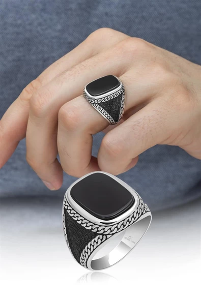 Siyah Oniks Taşlı 925 Gümüş Erkek Yüzük - Resim 11