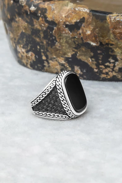 Siyah Oniks Taşlı 925 Gümüş Erkek Yüzük - Resim 8
