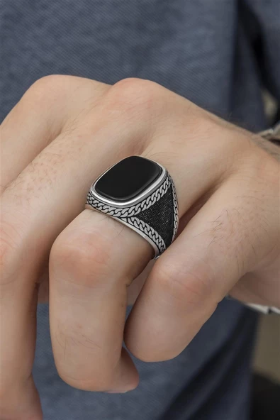 Siyah Oniks Taşlı 925 Gümüş Erkek Yüzük - Resim 2