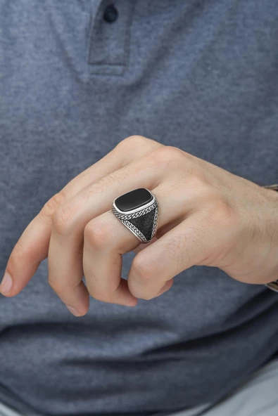 Siyah Oniks Taşlı 925 Gümüş Erkek Yüzük - Resim 3