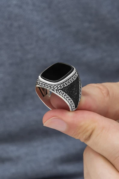 Siyah Oniks Taşlı 925 Gümüş Erkek Yüzük - Resim 6