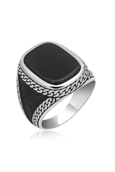 Siyah Oniks Taşlı 925 Gümüş Erkek Yüzük - Resim 10