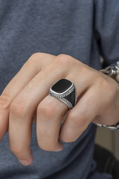 Siyah Oniks Taşlı 925 Gümüş Erkek Yüzük - Resim 4