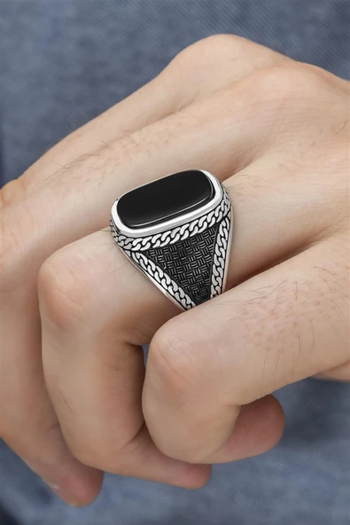 Siyah Oniks Taşlı 925 Gümüş Erkek Yüzük ürün görseli
