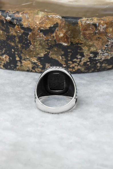 Siyah Oniks Taşlı 925 Gümüş Erkek Yüzük - Resim 9