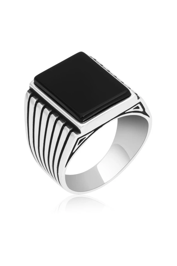 Kare Siyah Oniks Taşlı 925 Gümüş Erkek Yüzük - Resim 2