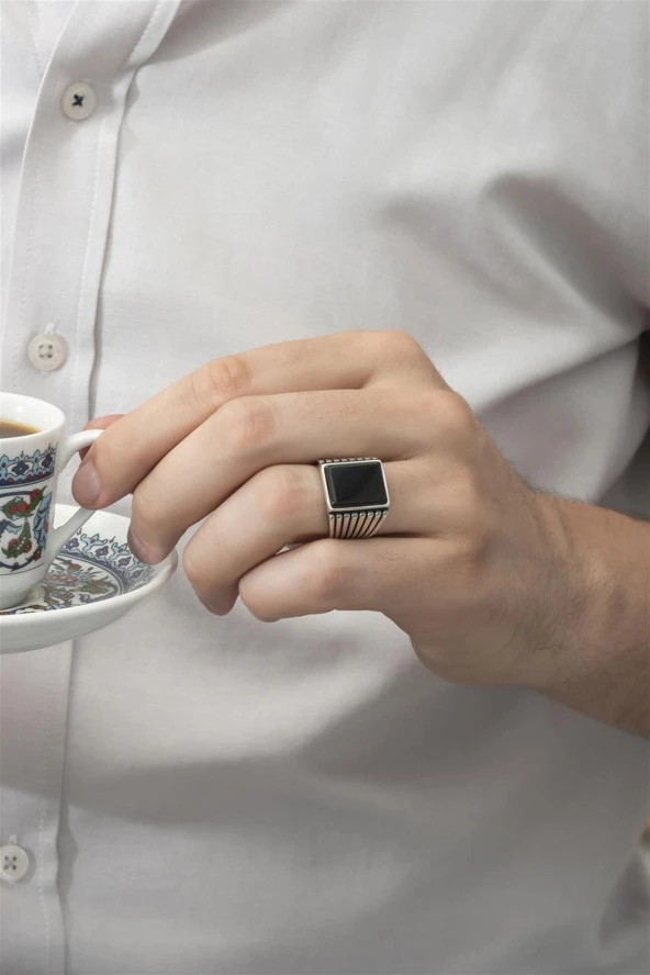 Kare Siyah Oniks Taşlı 925 Gümüş Erkek Yüzük - Resim 6