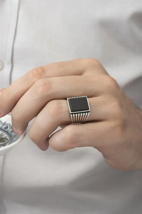 Kare Siyah Oniks Taşlı 925 Gümüş Erkek Yüzük - Resim 7