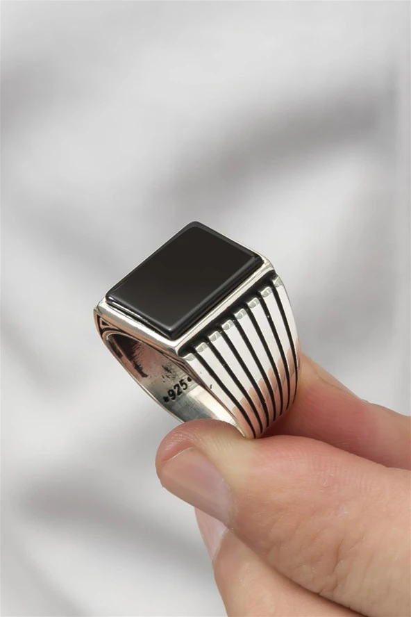 Kare Siyah Oniks Taşlı 925 Gümüş Erkek Yüzük - Resim 8