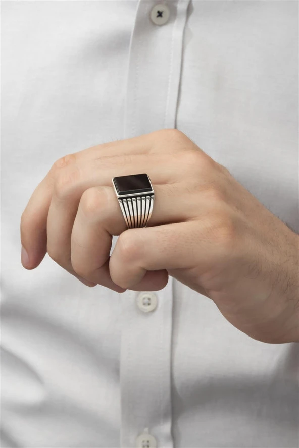 Kare Siyah Oniks Taşlı 925 Gümüş Erkek Yüzük - Resim 9