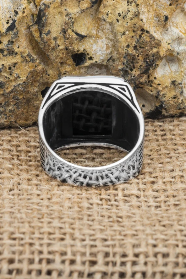 Kare Siyah Oniks Taşlı 925 Gümüş Erkek Yüzük - Resim 11
