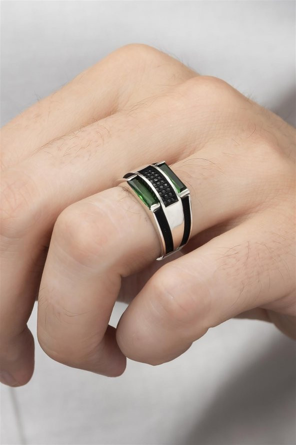 Yeşil 2 Sıra Taşlı 925 Gümüş Erkek Yüzük ürün görseli