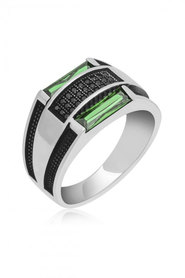 Yeşil 2 Sıra Taşlı 925 Gümüş Erkek Yüzük - Resim 2