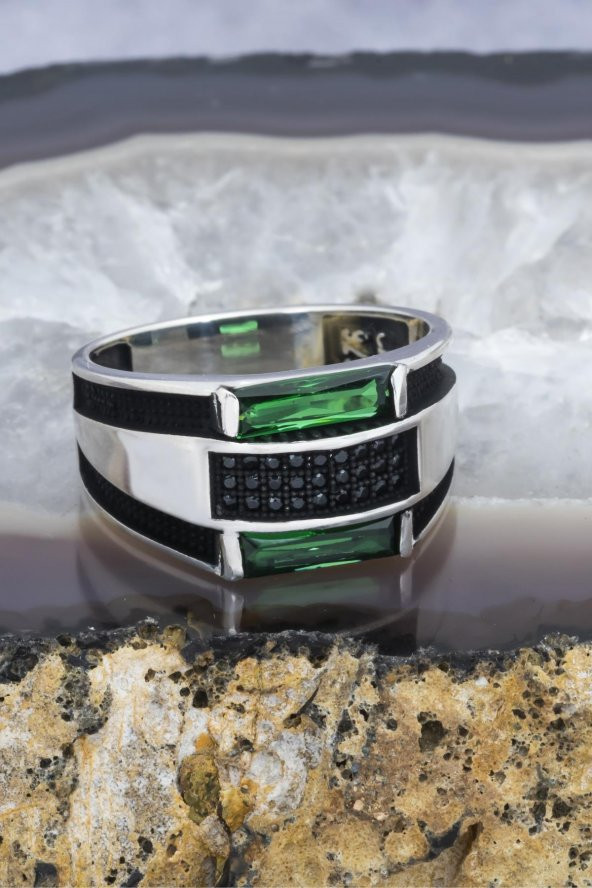Yeşil 2 Sıra Taşlı 925 Gümüş Erkek Yüzük - Resim 8