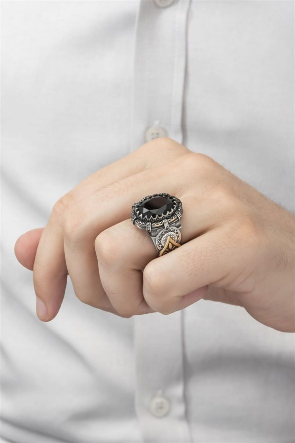 Siyah Taşlı 925 Gümüş Erkek Yüzük - Resim 3