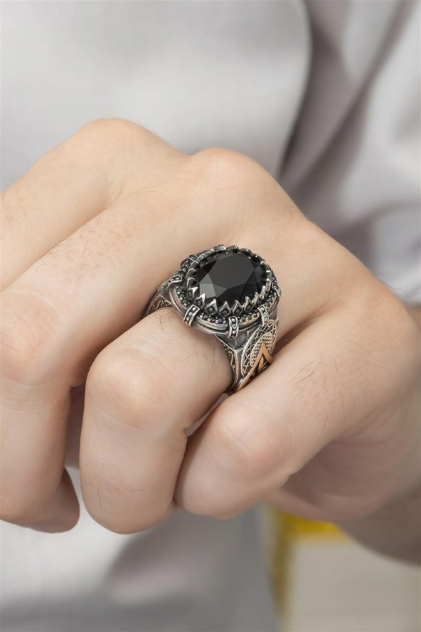 Siyah Taşlı 925 Gümüş Erkek Yüzük - Resim 4