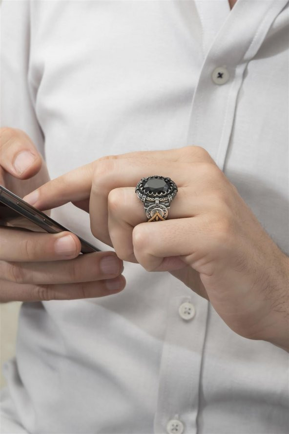 Siyah Taşlı 925 Gümüş Erkek Yüzük - Resim 5